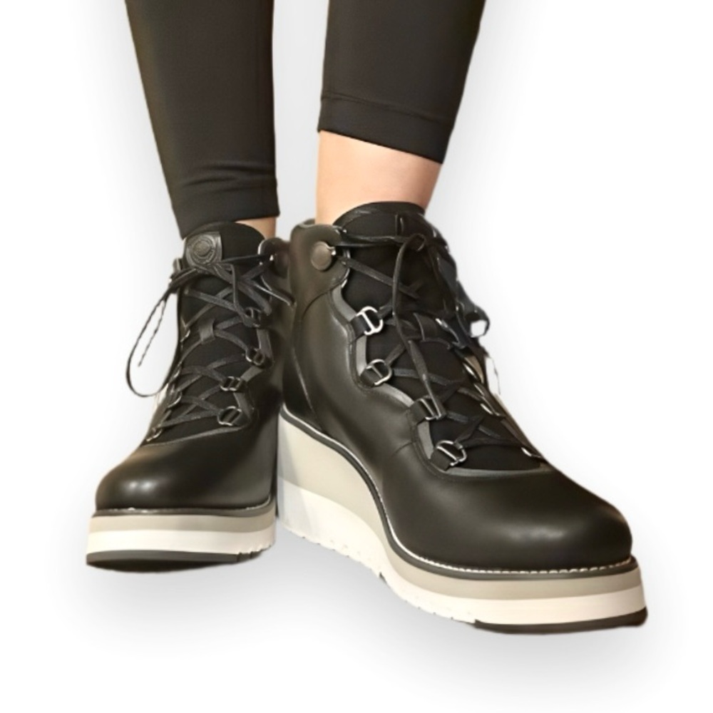 Cole Haan ZERØGRAND City Wedge Waterproof Leather Ankle Boots Black Women 11B